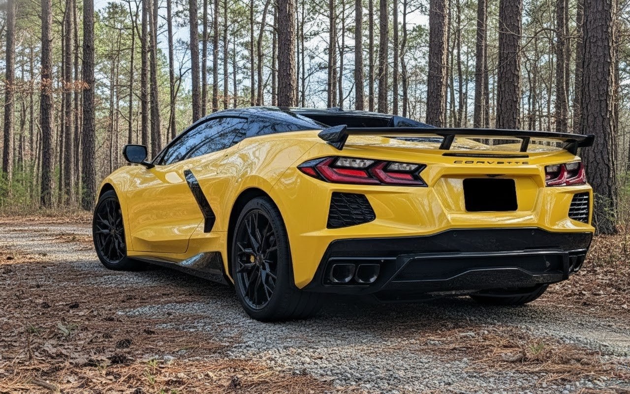 Yellow Corvette parked in a wooded setting