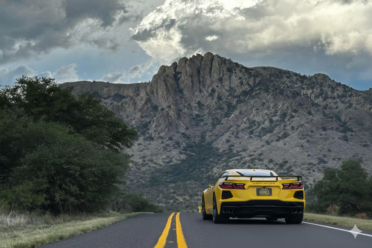 Yellow Corvette driving toward the mountains